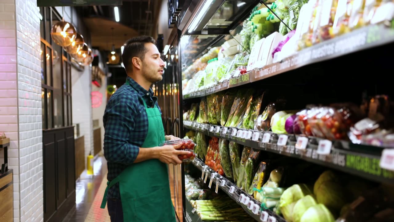 Gôndola refrigerada de hortifrúti em supermercado